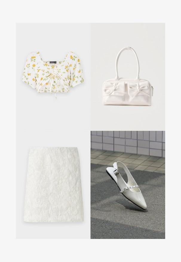 Top corto blanco con mangas cortas abullonadas, con un estampado floral en amarillo y verde. Con centro fruncido y cordones ajustables para un mejor ajuste.; Mini falda blanca con superficie texturizada y patrones florales en relieve que se asemejan a rosas, hecha de tela ligera.; Zapato plano blanco con punta puntiaguda y diseño slingback con dos hebillas plateadas, mostrado al aire libre sobre un suelo texturizado y fondo de pared con azulejos.; Bolso sintético blanco con dos bolsillos delanteros, cada uno con un detalle de lazo atado. Textura suave, asas redondeadas y cierre de cremallera.