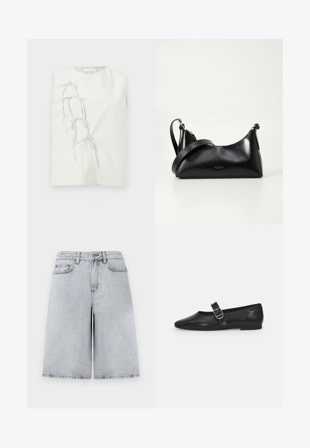 Mouwloze lichtgroene top met een wikkelontwerp, voorzien van decoratieve strikjes aan de linkerkant en een ronde halslijn, gemaakt van een zachte stof.; Lichtgrijze denim shorts met een ontspannen pasvorm, met een hoge taille, vijf zakken en een rechte snit. Strakke, minimalistische stikdetails.; Zwarte leren platte schoen met een ronde neus, een enkele verstelbare gespsluiting en een gladde, glanzende textuur. Minimalistisch ontwerp met een lage hak.; Zwarte leren handtas met een gladde textuur. Beschikt over een verstelbare schouderband en een strak, minimalistisch ontwerp met een ritssluiting.