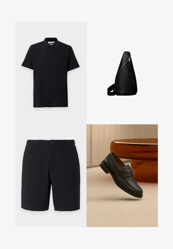 Schwarzes kurzärmeliges Hemd mit vertikal texturierten Streifen und spitzem Kragen vor weißem Hintergrund.; Schwarze Shorts aus strukturiertem Stoff, mit Knopfverschluss, Gürtelschlaufen und Seitentaschen; taillierte Passform mit sauberen, genähten Säumen.; Schwarzer Leder-Herrenloafer mit einem Band über dem Spann, auf beigem Teppich neben einem braunen modernen runden Tisch präsentiert.; Schwarzer Leder-Sling-Rucksack mit diagonalem silbernem Reißverschluss und verstellbarem Riemen, minimalistisches Design und glatte Textur.