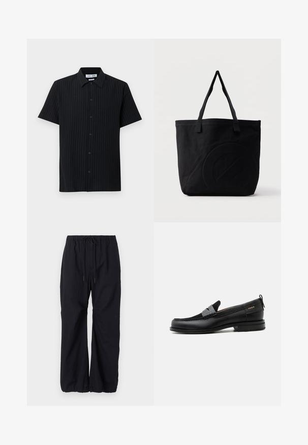 Chemise noire à manches courtes avec boutons, rayures verticales texturées et col pointu sur fond blanc.; Pantalons noirs amples en tissu léger, dotés d'une taille élastique avec cordon de serrage et de poignets froncés aux chevilles.; Mocassin en cuir noir avec détail de bride grise, talon bas et semelle texturée, marqué "HUGO" en or sur le côté.; Sac fourre-tout en toile noire avec deux bandoulières et un motif circulaire discret en relief sur le devant.