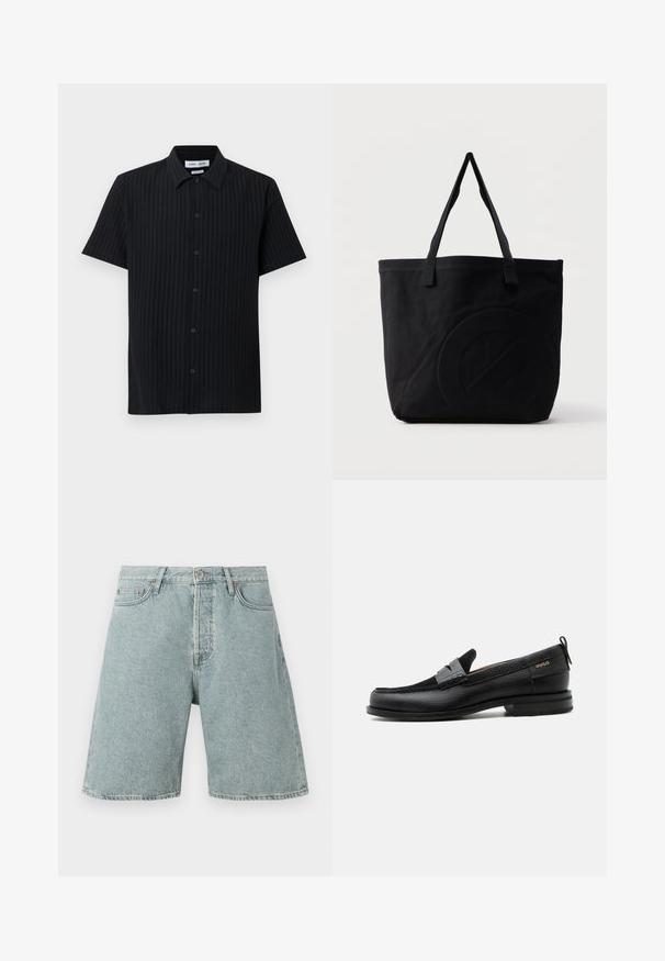 Zwart kortärmelig overhemd met knopen, verticale gestructureerde strepen en een puntige kraag tegen een witte achtergrond.; Lichtblauwe denim shorts met een relaxed fit, vijf zakken en een knoopsluiting. Verweerde textuur met zichtbare stikdetails.; Zwarte leren loafer met grijs riemdetailelement, lage hak en gestructureerde zool, aan de zijkant gebrandmerkt met "HUGO" in goud.; Zwarte canvas tas met twee schouderbanden en een subtiel, ingebosseleerd cirkelvormig ontwerp aan de voorkant.