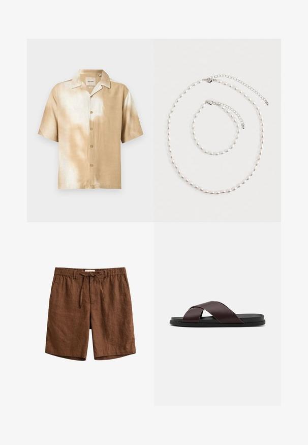 Chemise à manches courtes avec boutons, motif tie-dye beige et blanc, col pointu et cinq boutons sur le devant.; Short en lin marron avec taille élastique, cordon de serrage, passants pour ceinture et poches latérales.; Sandale à glissière à lanières croisées de couleur marron, dotée d'une finition mate, d'une semelle noire plate et d'une texture lisse. Design minimaliste sans matériel visible.; Collier de perles et bracelet assorti avec fermoirs en chaîne argentée disposés sur un fond blanc.