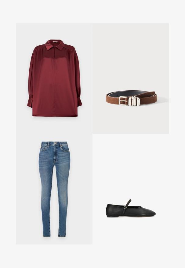 Burgundia värvi satiinist pikkade varrukatega pluus terava krae, voltidega õlgade ja nööpidega mansettidega, ühtlase taustaga.; Hea talje skinny teksad helesinises denimis, viis taskut, vöökohad ja lukuga eest kinni pandav nööp.; Mustast nahast tasane king külgmise pandlaga rihmaga, ümmargune nina ja madala kontsaga, näidatud küljelt valgel taustal.; Pruun sametvööd hõbedase pandla ja kolme hõbedase rõngaga, keeratud valgel taustal.
