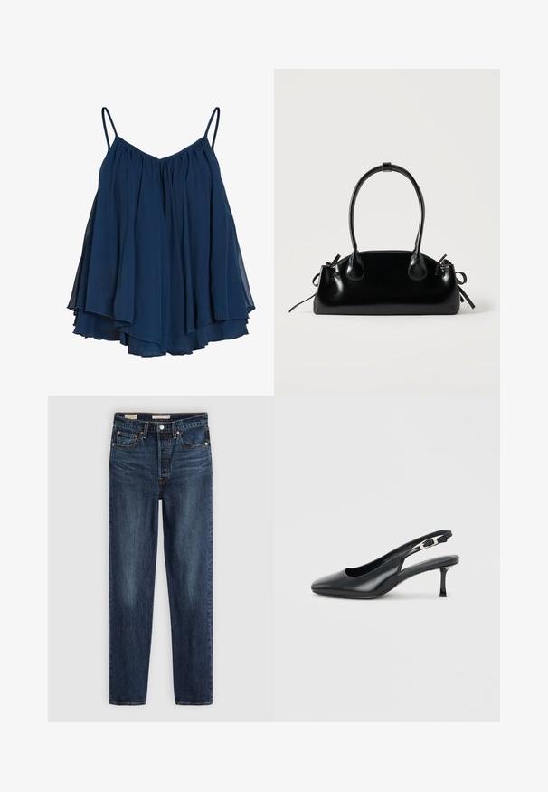Marineblauw gelaagd chiffon top zonder mouwen met dunne schouderbandjes en een losse, vloeiende pasvorm.; Diepblauwe rechte jeans met vijf zakken, knoop- en ritssluiting, en contrasterende stiksels.; Zwarte leren slingback met puntige neus, lage, slanke kittenhak en verstelbare gespsluiting op een effen lichte achtergrond.; Kleine zwarte glanzende handtas met twee lange hengsels en zijkant trekkoord details op een effen lichte achtergrond.