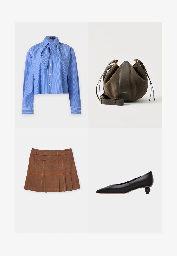 Cropped blauw shirt met witte verticale strepen, lange mouwen, knopen aan de voorkant en een grote, oversized kraag met een gebonden stofdetail.; Bruine geruite rok met een geplooid ontwerp, oranje accenten en een zijzak. Gemaakt van textuurmateriaal met een aansluitende taille.; Zwarte lage schoen met puntige neus, unieke rond gevormde hak en glad leren bovenwerk, zijaanzicht op een witte achtergrond.; Bruine suède en leren bucketbag met verstelbare riem, gouden hardware, trekkoordsluiting en het merknaam "Coccinelle" aan de voorkant.
