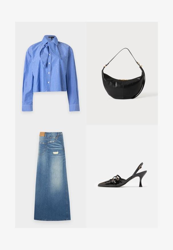 Lühike sinine triibuline särk valgete vertikaalsete triipudega, pikad varrukad, nööbitav eest ja suur, üle mõõtmetega krae, millel on seotud kangast detail.; Heledsinine denim maxi seelik kõrge vöökoht, kulumiste efektiga, taskutega ja sirge siluetiga, valmistatud puuvillast kangast.; ALOHAS JOELLE ONIX - Klassikalised kontsakingad - black; Mustast nahast poolkuukujuline käekott ühe õlarihmaga ja kuldse tõmblukukujundusega ühevärvilisel taustal.