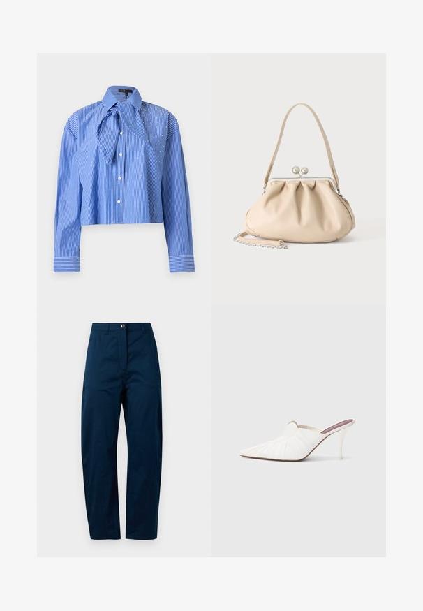 Crop-top blå skjorte med hvide lodrette striber, lange ærmer, knaplukning foran og stor, oversized krave med bundet stofdetalje.; Mørkeblå bukser med lige ben, der har en frontknaplukning, to sidelommer og en glat, struktureret stofoverflade.; Hvide mule sko med spids snude, plisseret tekstur på overdelen og en slank stilet hæl. Glat overflade og minimalistisk design.; Beige blød læderhåndtaske med en sølv metalramme-lukning, enkelt skulderstrop og en valgfri kæderem på en hvid baggrund.