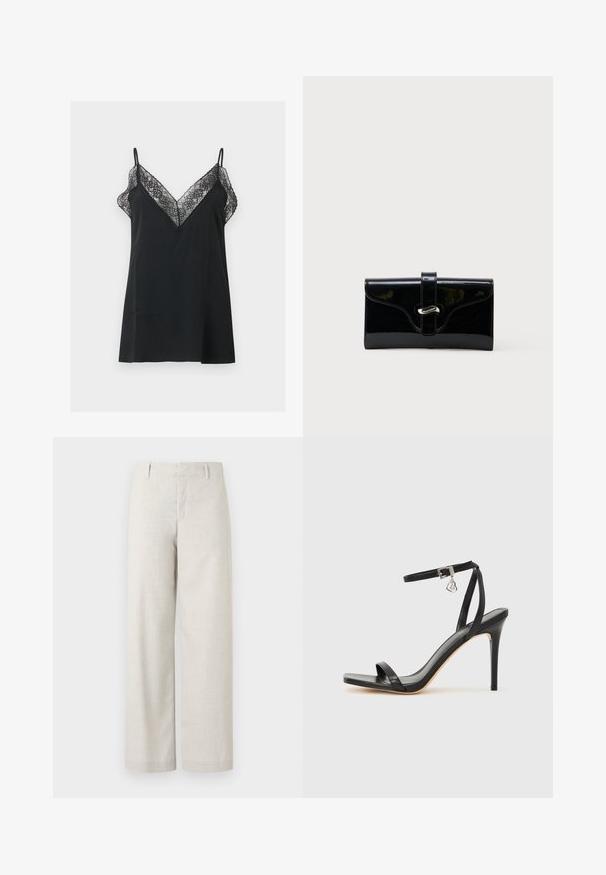 Robe nuisette noire sans manches avec une délicate bordure en dentelle le long d'un décolleté plongeant en V et de fines bretelles sur un fond uni.; Pantalon beige taille haute à coupe droite, avec passants de ceinture et une fermeture avant dissimulée, sur un fond uni.; Sandale à talon haut noire avec une bride étroite à la cheville, bout carré, cuir lisse et accent de boucle métallique.; Portefeuille rectangulaire brillant noir avec une sangle frontale et une fermeture à boucle en métal argenté, présenté sur un fond blanc uni.