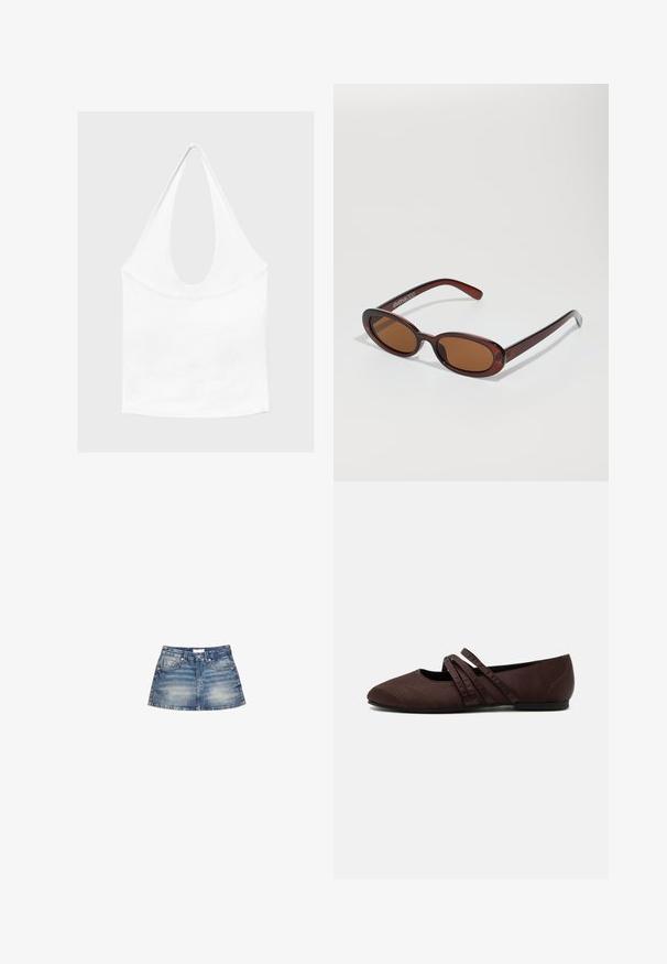 Haut blanc sans manches à encolure américaine, avec un profond col rond et une taille cintrée, présenté sur un fond clair et uni.; Mini-jupe en denim de couleur bleu clair, avec une taille cintrée, des poches avant et un ourlet évasé avec un léger délavage et des bords finis.; Chaussure plate marron avec un bout pointu et deux fines brides croisées sur le cou-de-pied, détails de couture visibles et petit talon.; Lunettes de soleil rondes teinte brun avec une monture bordeaux brillante. Branches fines avec un détail de marque subtil. Design de verres plats.