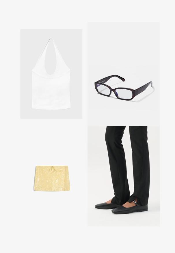 Haut blanc sans manches à encolure américaine, avec un profond col rond et une taille cintrée, présenté sur un fond clair et uni.; Mini-jupe jaune avec de grandes sequins et un lacet à nouer à la taille, présentée à plat sur fond blanc.; Jambes vêtues d’un pantalon slim noir avec des fentes à l’avant de l’ourlet, assorties à des chaussures plates Mary Jane noires avec une petite bride à boucle.; Lunettes rectangulaires en écaille de tortue brune avec des verres transparents et des branches épurées, présentant une texture lisse et un design minimaliste.