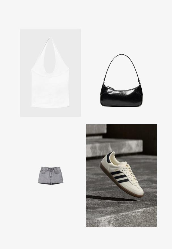 Haut blanc sans manches à encolure américaine, avec un profond col rond et une taille cintrée, présenté sur un fond clair et uni.; Jupe mini en denim de couleur gris délavé. Comprend une fermeture à boutons, des passants pour ceinture et deux poches avant. Texture lisse avec un effet de lavage subtil.; Baskets blanches Adidas Samba avec des bandes noires et une semelle en gomme, flottant au-dessus de marches en béton gris texturé.; Sac à épaule en cuir noir brillant avec un seul compartiment zippé et une fine bandoulière arquée.