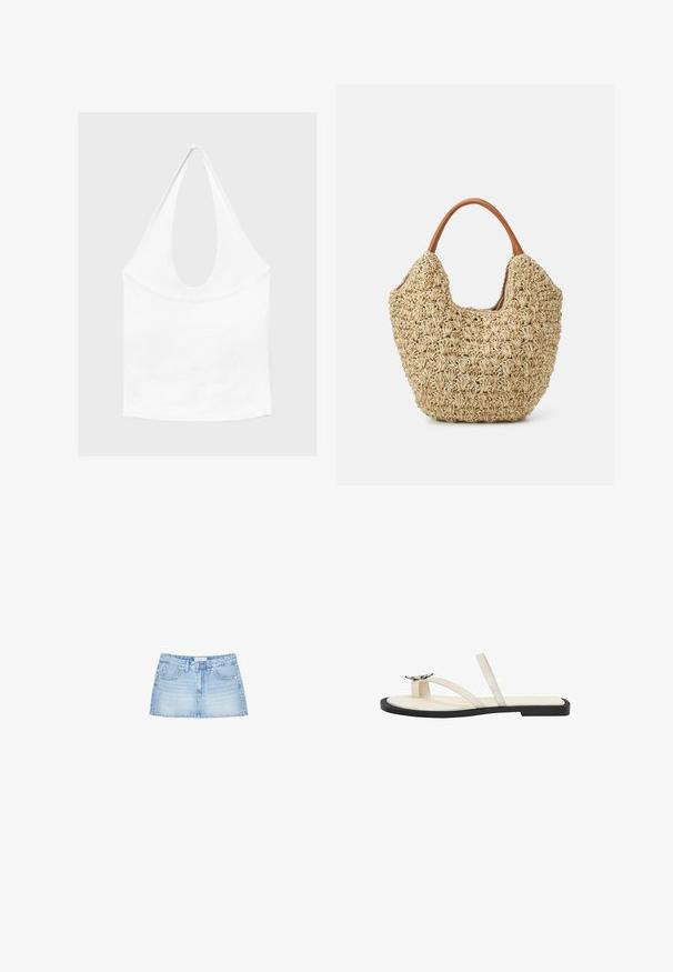 Haut blanc sans manches à encolure américaine, avec un profond col rond et une taille cintrée, présenté sur un fond clair et uni.; Mini-jupe en denim bleu clair, avec une coupe droite, cinq poches et une fermeture à bouton sur le devant avec passants de ceinture. Texture lisse.; Sandale plate crème avec fines brides et un papillon décoratif argenté sur la boucle d’orteil, semelle noire, vue latérale sur fond blanc.; Sac fourre-tout en paille tissée avec une texture naturelle et une forme douce et organique, doté de poignées en cuir brun pour un transport facile.