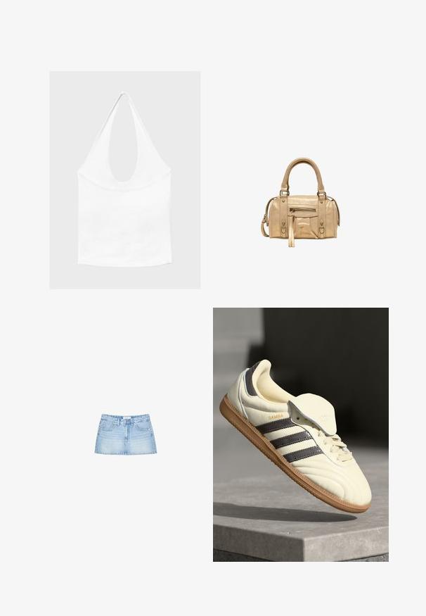 Haut blanc sans manches à encolure américaine, avec un profond col rond et une taille cintrée, présenté sur un fond clair et uni.; Mini-jupe en denim bleu clair, avec une coupe droite, cinq poches et une fermeture à bouton sur le devant avec passants de ceinture. Texture lisse.; Baskets en cuir crème avec trois bandes sombres, une semelle extérieure en gomme marron et un bout arrondi. Présentent une languette pliable étiquetée "SAMBA."; Stradivarius Sac à main - beige