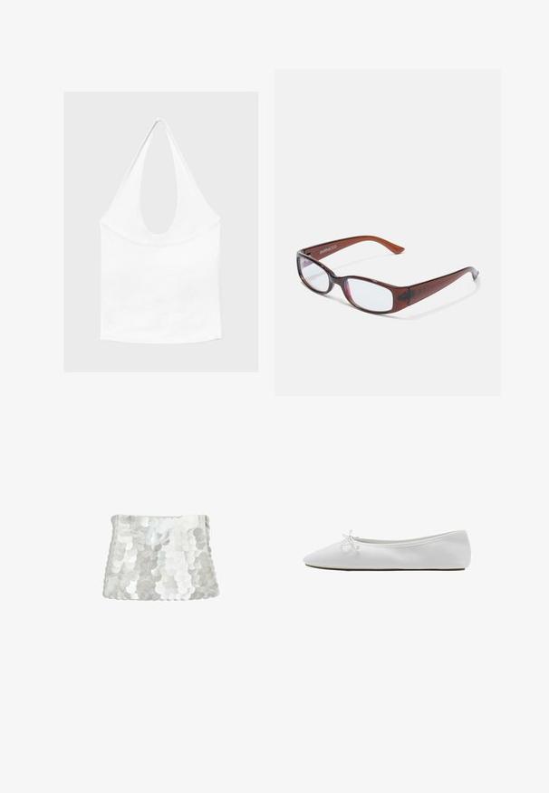 Haut blanc sans manches à encolure américaine, avec un profond col rond et une taille cintrée, présenté sur un fond clair et uni.; Pochette blanche couverte de grands sequins brillants et superposés, forme rectangulaire avec un bord supérieur légèrement courbé.; Ballerine blanche à bout pointu avec un petit nœud sur le dessus et une semelle basse et plate.; Lunettes rectangulaires teintées de brun avec une finition brillante, dotées de branches fines et de verres transparents. Logo visible sur la branche gauche.