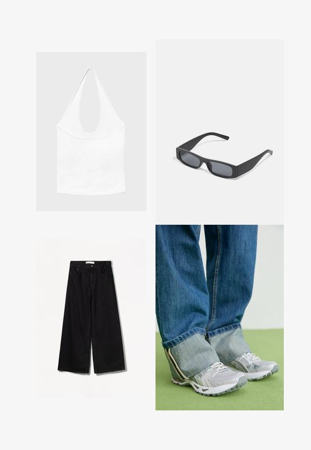 Witte mouwloze haltertop met diepe ronde hals en aansluitende taille, getoond tegen een effen lichte achtergrond.; Zwarte wijde jeans van denim. Heeft een hoge taille, voor- en achterzakken en zilveren hardware op de knoop en rits.; Grijze sportieve schoenen van mesh materiaal met witte accenten, in combinatie met blauwe denim jeans die aan de enkels zijn omgeslagen.; Zwarte rechthoekige zonnebril met donkere lenzen en dikke matte monturen. De zijstukken zijn licht taps toelopend met een gladde textuur.