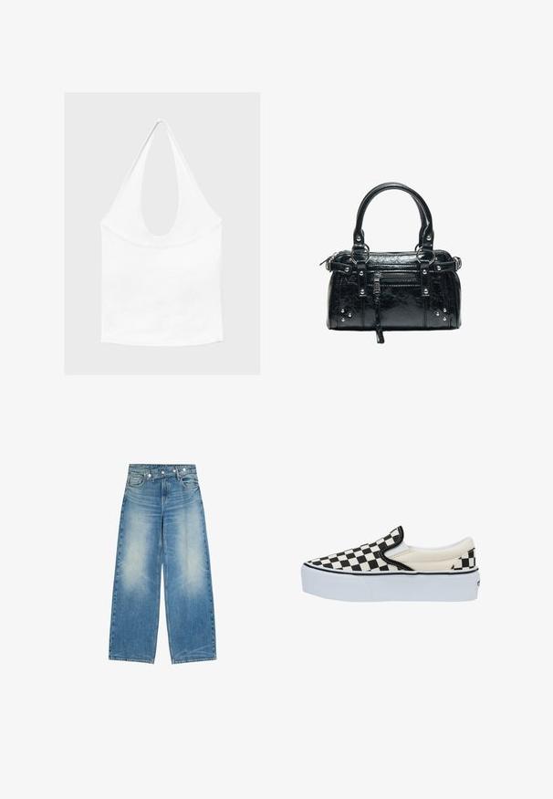 Haut blanc sans manches à encolure américaine, avec un profond col rond et une taille cintrée, présenté sur un fond clair et uni.; Jean en denim bleu à jambes larges avec devant délavé, poches avant et un détail unique de ceinture diagonale boutonnée.; Bottine à enfiler en damier noir et blanc avec une semelle blanche, dotée d'une tige en toile et d'accents élastiques sur les côtés pour un enfilage facile.; Sac à main en cuir noir avec deux poignées, poche avant zippée, clous argentés et surface texturée isolée sur fond blanc.