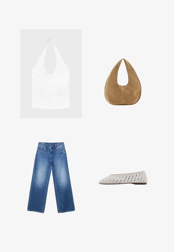 Hvid ærmeløs haltertop med dyb, rund udskæring og tætsiddende talje, vist mod en enkel lys baggrund.; Blå vidde-bukser i denim med let falming, for- og baglommer, knap- og lynlåslukning, lagt fladt på hvid baggrund.; Balletflad i cremefarvet stof med sølvfarvede palietter arrangeret i et prik mønster, rund tå og lav brun sål. Tekstureret overdel for ekstra detalje.; Tanfarvet ruskinds-hobo-taske med bred, rundet krop og enkelt fladt håndtag, vist mod en ensfarvet hvid baggrund.