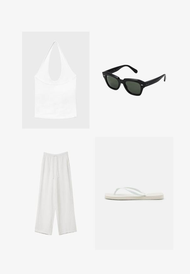 Haut blanc sans manches à encolure américaine, avec un profond col rond et une taille cintrée, présenté sur un fond clair et uni.; Pantalon ample en lin blanc avec taille élastique et cordon, doté de poches latérales et de larges jambes.; Havaianas SLIM SQUARE - Sandales tongs - white; Lunettes de soleil carrées noires avec des verres vert foncé, présentant des montures audacieuses et des accents argentés sur les côtés. Fabriquées en Italie.