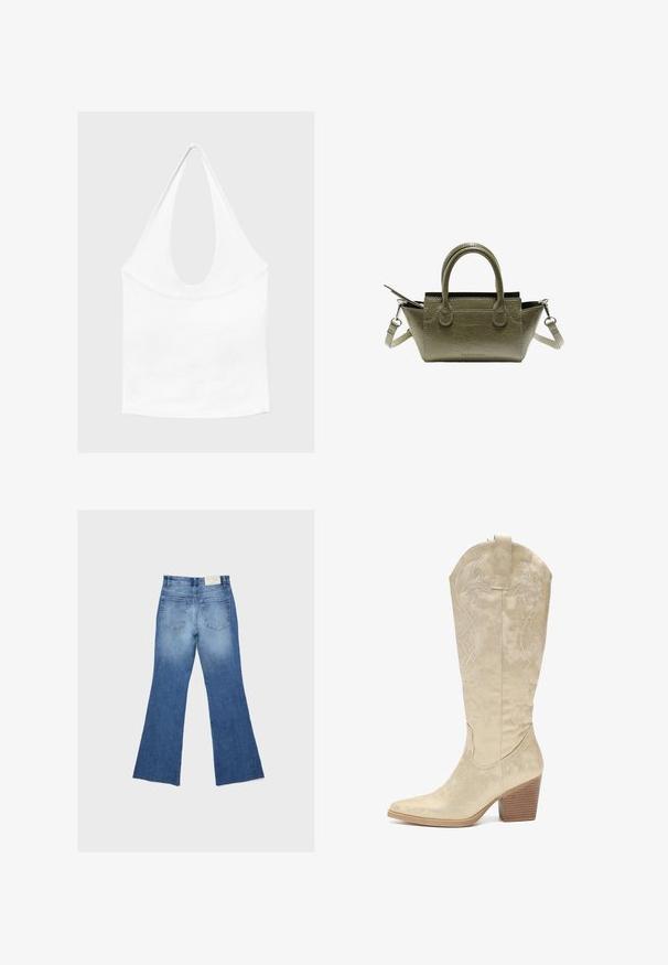 Weißes ärmelloses Neckholder-Top mit tiefem Rundhalsausschnitt und taillierter Passform, präsentiert vor schlichtem, hellem Hintergrund.; Blaue Jeans aus Denim mit ausgestellten Beinen und zwei Gesäßtaschen, flach auf einem hellgrauen Hintergrund präsentiert.; Salinyang Cowboy-/Bikerboot - goldfarben; Kleine olivgrüne Ledertasche mit zwei Henkeln, abnehmbarem Schulterriemen und gesteppten Details.
