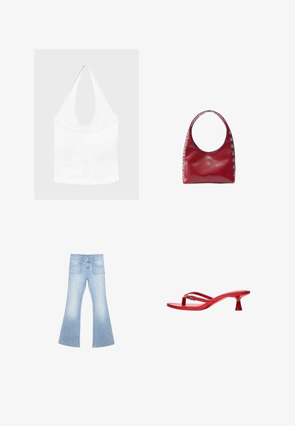 Haut blanc sans manches à encolure américaine, avec un profond col rond et une taille cintrée, présenté sur un fond clair et uni.; Jean en denim bleu clair avec jambes évasées, poches avant, fermeture à double bouton, et délavage aux cuisses et aux genoux.; Bershka THAONG KITTEN HEEL - SANDALS - Sandales tongs - red; Sac à bandoulière en cuir rouge avec large sangle et œillets métalliques argentés le long des côtés et de la sangle.