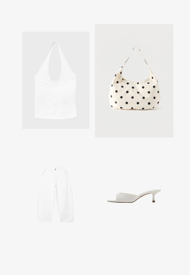 Haut blanc sans manches à encolure américaine, avec un profond col rond et une taille cintrée, présenté sur un fond clair et uni.; Jean en denim blanc coupe ample avec fermeture par bouton et zip, passants de ceinture et poches avant, présenté sur un fond uni.; Mule ouverte blanche à bout ouvert avec un petit talon kitten bas et une tige en cuir lisse, montrée de profil sur un fond blanc.; Sac à main en tissu crème avec des pois noirs et une seule bandoulière, présenté sur un fond blanc uni.