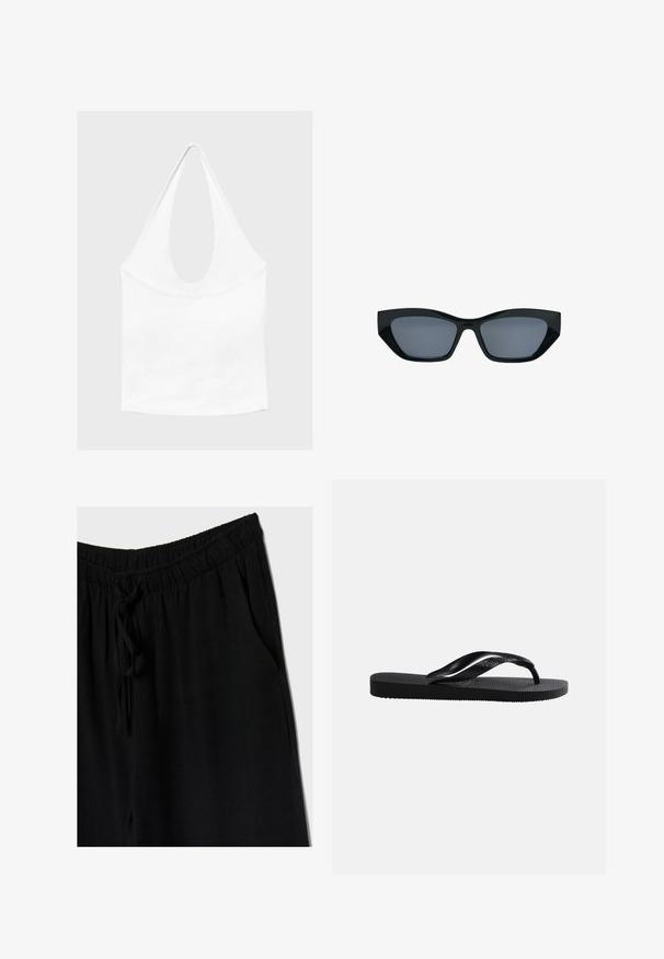 Haut blanc sans manches à encolure américaine, avec un profond col rond et une taille cintrée, présenté sur un fond clair et uni.; Pantalons noirs avec une taille élastique et un cordon de serrage, offrant une coupe décontractée et des poches latérales. Le matériau semble doux et léger.; Tongs en caoutchouc noir avec semelle texturée et bride en Y lisse sur un fond clair uni.; Lunettes de soleil noires style œil de chat avec des montures épaisses et des verres teintés foncés, présentées sur fond blanc.