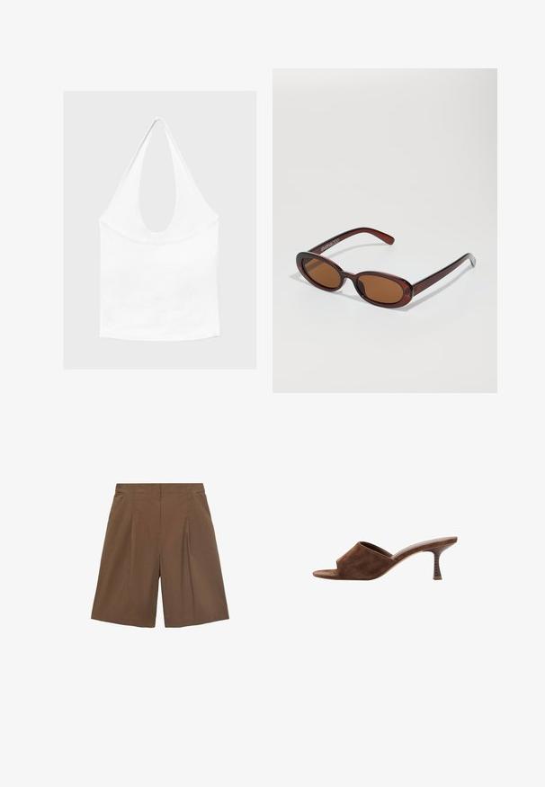 Hvid ærmeløs haltertop med dyb, rund udskæring og tætsiddende talje, vist mod en enkel lys baggrund.; Brune skræddersyede shorts med flad front, pyntesyninger og sidelommer. Fremstillet af et let materiale, der giver en afslappet pasform og med opfoldede kanter.; Brun ruskind åben tå mule med mellemhøj, buet træsko hæl og slip-on design på en hvid baggrund.; Runde, bruntonede solbriller med en glansfuld bordeauxramme. Slanke arme med diskret brandingdetalje. Flad linsedesign.