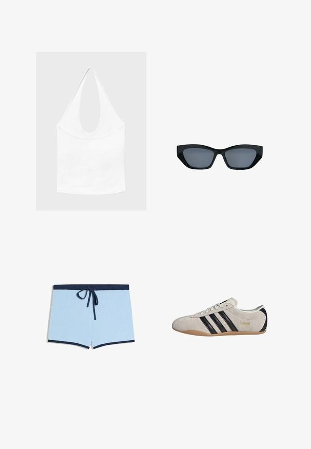 Haut blanc sans manches à encolure américaine, avec un profond col rond et une taille cintrée, présenté sur un fond clair et uni.; Short en tricot bleu clair avec taille bleu foncé, cordon de serrage et bordure aux ouvertures des jambes, présenté à plat sur fond blanc.; Sneakers en suède avec un dessus gris, des rayures noires et une semelle en caoutchouc couleur gomme. Dotées d'un système de laçage et d'un détail logo doré sur le côté.; Lunettes de soleil noires style œil de chat avec des montures épaisses et des verres teintés foncés, présentées sur fond blanc.