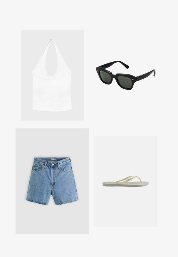 Hvid ærmeløs haltertop med dyb, rund udskæring og tætsiddende talje, vist mod en enkel lys baggrund.; Lyseblå cowboyshorts med forreste knap og lynlås, bæltestropper og fem-lommer design mod en ensfarvet baggrund.; Enkelt off-white gummiflipper med tynde remme og tekstureret fodseng set fra siden på ensfarvet baggrund.; Sorte firkantede solbriller med mørkegrønne linser, der har kraftige stel og sølvdetaljer på siderne. Fremstillet i Italien.