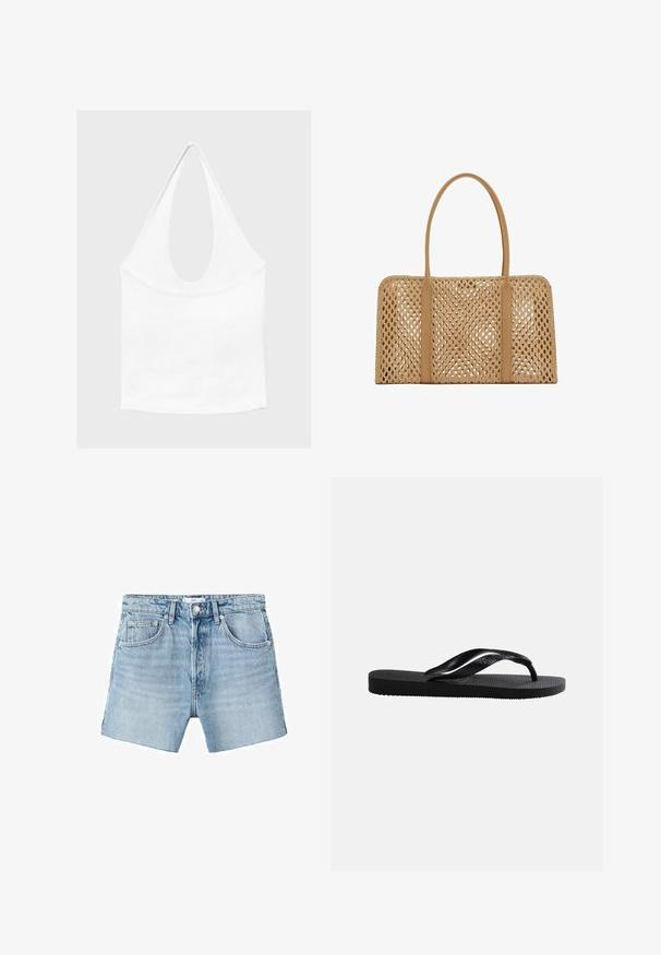 Haut blanc sans manches à encolure américaine, avec un profond col rond et une taille cintrée, présenté sur un fond clair et uni.; Shorts en denim bleu clair avec une coupe droite, design à cinq poches, quincaillerie en métal et légère décoloration. Le tissu a une texture lisse.; Tongs en caoutchouc noir avec semelle texturée et bride en Y lisse sur un fond clair uni.; Sac à main tissé rectangulaire couleur fauve avec deux longues poignées lisses et un motif en treillis ouvert sur l'ensemble du corps du sac.