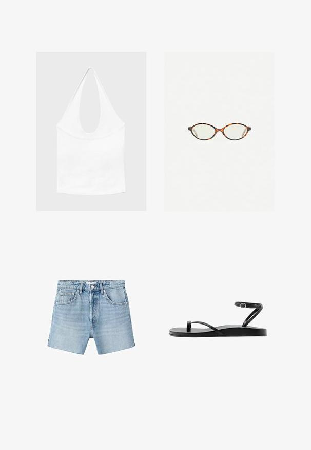 Haut blanc sans manches à encolure américaine, avec un profond col rond et une taille cintrée, présenté sur un fond clair et uni.; Shorts en denim bleu clair avec une coupe droite, design à cinq poches, quincaillerie en métal et légère décoloration. Le tissu a une texture lisse.; Sandale plate noire avec fines lanières, boucle pour l’orteil et bride de cheville avec une petite boucle ronde, vue de profil.; Lunettes en écaille de tortue avec des verres ovales et une finition lisse et élégante. Présente des branches fines avec une courbure subtile au niveau des tempes. Verres transparents.