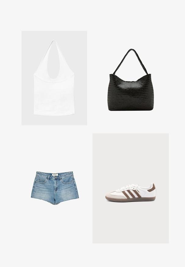 Hvid ærmeløs haltertop med dyb, rund udskæring og tætsiddende talje, vist mod en enkel lys baggrund.; Jeanshorts, lys blå, høj talje, fem-lomme design, flosset kant, standard knaplukning, logoetiket på taljebåndet.; Hvid Adidas Samba sneaker med brune ruskindstriber, brun gummisål og beige ruskindståhætte, vist fra ydersiden på en ensfarvet baggrund.; Sort skuldertaske i vævet læder med et enkelt flettet håndtag og en blød, afrundet rektangulær form.