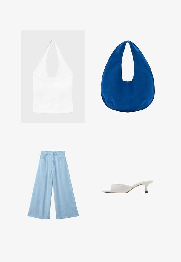 Haut blanc sans manches à encolure américaine, avec un profond col rond et une taille cintrée, présenté sur un fond clair et uni.; Pantalon en jean bleu clair taille haute à jambes larges, avec poches avant, passants pour ceinture, fermeture par bouton et braguette zippée.; Mule ouverte blanche à bout ouvert avec un petit talon kitten bas et une tige en cuir lisse, montrée de profil sur un fond blanc.; Sac hobo en tissu bleu doux avec une forme arrondie en croissant et une large ouverture pour la poignée au centre supérieur.