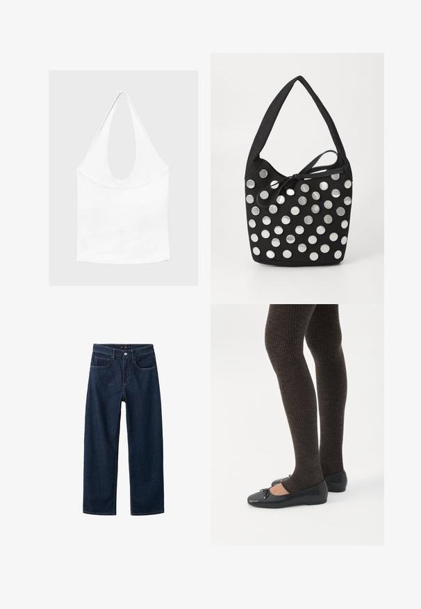 Hvid ærmeløs haltertop med dyb, rund udskæring og tætsiddende talje, vist mod en enkel lys baggrund.; Mørkeblå denim jeans med et lige ben-design, der har en klassisk fem-pockets stil, synlig syning og en knaplukning i taljen.; Ben iført mørke ribbede leggings kombineret med sorte balletsko med små sløjfedetaljer på hvid baggrund.; Sort stof håndtaske med en afrundet form, der har sølvfarvede cirkulære metalnitter arrangeret i et mønster, samt et bundet stofaccent.