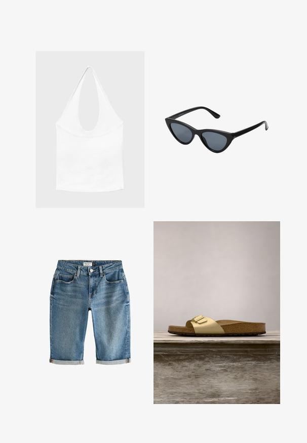 Hvid ærmeløs haltertop med dyb, rund udskæring og tætsiddende talje, vist mod en enkel lys baggrund.; Blå denim knæ-lange shorts med en opsmøgning, fem lommer og lukning med metalknap. Stof har et let falmet udseende.; Gyldne syntetiske slidesandaler med en enkelt rem og spændeaccent, der har en brun korksål og en tekstureret gummisål.; Sorte katteøje solbriller med mørkegrå linser, slankt plastisk stel, spidse hjørner og lige stænger. Ingen synlig hardware eller dekorationer.
