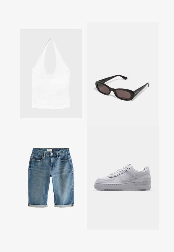 Weißes ärmelloses Neckholder-Top mit tiefem Rundhalsausschnitt und taillierter Passform, präsentiert vor schlichtem, hellem Hintergrund.; Blaue Jeans-Shorts in knielanger Ausführung mit umgeschlagenem Saum, fünf Taschen und einem Metallknopfverschluss. Der Stoff hat ein leicht verblasstes Aussehen.; Graue Nike Air Force 1 Sneaker mit perforierter Zehenpartie, Obermaterial aus glattem Leder, dicker Sohle und geprägtem 'AIR'-Detail an der Ferse.; Schwarze Sonnenbrille mit ovalen Rahmen, dunkel getönten Gläsern und "vogue" in Weiß auf den äußeren Bügeln gedruckt. Glattes Plastikmaterial.