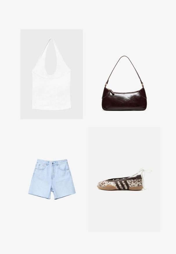Hvid ærmeløs haltertop med dyb, rund udskæring og tætsiddende talje, vist mod en enkel lys baggrund.; Lys blå denimshorts med høj talje, flad front, fem lommer og rå kant. Stoffet er let slidte med subtle falmede detaljer.; Flad balletsko med brun- og hvidplettet mønster, tre mørke striber på siden, lys brun sål og hvide ankelbindere.; Mørkebrun skuldertaske i læder med en enkelt rem og lynlås, rektangulær form med afrundede kanter på hvid baggrund.