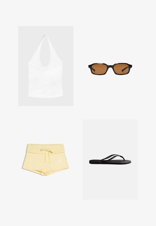 Haut blanc sans manches à encolure américaine, avec un profond col rond et une taille cintrée, présenté sur un fond clair et uni.; Shorts en tissu doux jaune clair avec une large ceinture côtelée et un cordon de serrage, arborant un petit monogramme décoratif blanc à l'avant.; Sandale tong en caoutchouc noir avec semelle texturée et fines brides en Y sur un fond blanc uni.; Lunettes de soleil rectangulaires noires avec des montures épaisses et des verres teintés marron, vues de face sur un fond blanc.