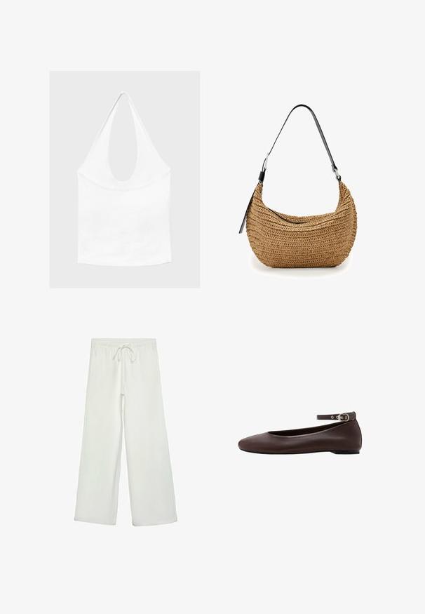 Haut blanc sans manches à encolure américaine, avec un profond col rond et une taille cintrée, présenté sur un fond clair et uni.; Pantalons larges blancs en tissu doux. Dotés d'une taille élastique avec cordon de serrage et d'une texture lisse. Aucuns motifs visibles ni éléments en métal.; Chaussure plate marron foncé avec bout arrondi et bride de cheville réglable avec boucle argentée sur fond blanc.; Petit sac à bandoulière marron tressé avec sangle noire réglable et fermeture éclair, présenté sur fond blanc.