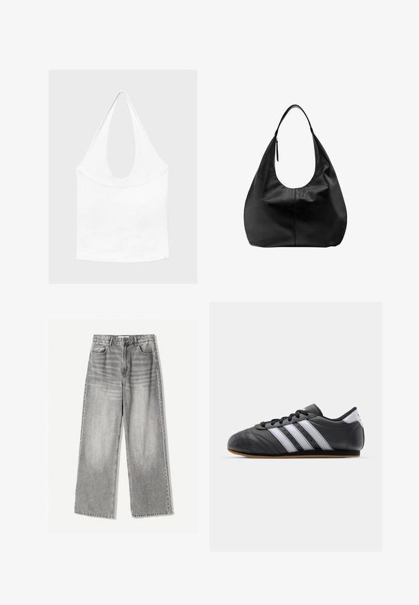 Hvid ærmeløs haltertop med dyb, rund udskæring og tætsiddende talje, vist mod en enkel lys baggrund.; VIDEAJEANS i falmet sort denim med høj talje, der har fem lomme design og kontrasterende syning for tekstur.; Sorte lædersportssko med hvide striber, rund tå, flad sål og snørelukning. Har perforeringer for åndbarhed.; Sort læder slouchy hobo-håndtaske med en enkelt bred rem og en lynlåsdetalje på en ensfarvet hvid baggrund.