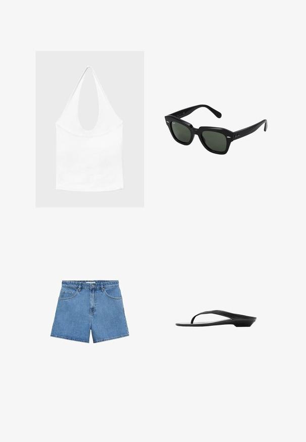 Haut blanc sans manches à encolure américaine, avec un profond col rond et une taille cintrée, présenté sur un fond clair et uni.; Shorts en denim bleu clair avec une taille haute, design à cinq poches et fermeture à bouton. Coupe droite avec un ourlet propre.; Sandale noire à talon bas avec une semelle fine et une fine bride traversant le pied près des orteils, vue de profil sur fond blanc.; Lunettes de soleil carrées noires avec des verres vert foncé, présentant des montures audacieuses et des accents argentés sur les côtés. Fabriquées en Italie.