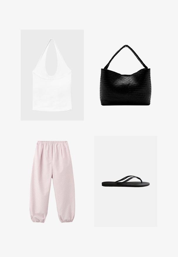 Haut blanc sans manches à encolure américaine, avec un profond col rond et une taille cintrée, présenté sur un fond clair et uni.; Pantalon ample rose à carreaux avec taille élastique et poignets élastiques froncés, présenté à plat sur fond blanc.; Sandale tong en caoutchouc noir avec semelle texturée et fines brides en Y sur un fond blanc uni.; Sac à main tissé noir avec une anse unique tressée, forme rectangulaire et surface texturée brillante.