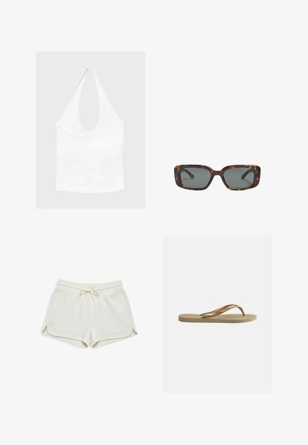 Haut blanc sans manches à encolure américaine, avec un profond col rond et une taille cintrée, présenté sur un fond clair et uni.; Shorts beige clair en tissu doux, dotés d'une ceinture élastique avec cordon de serrage, fentes latérales et détails subtils de couture.; Tongs beige avec semelle texturée et brides métalliques bronze en forme de Y sur fond blanc uni.; Lunettes de soleil en écaille de tortue avec des verres rectangulaires, monture épaisse et verres teintés foncés. Texture lisse et design minimaliste.
