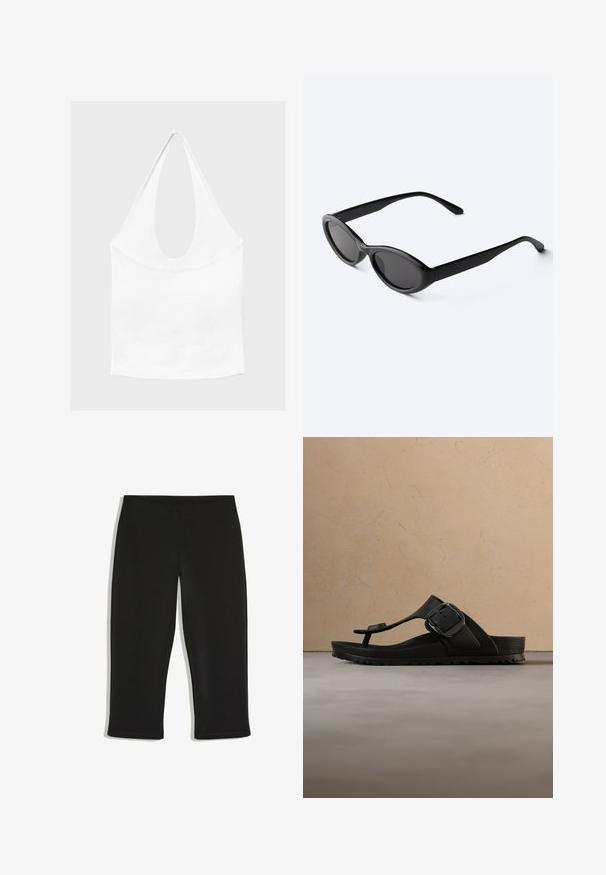 Hvid ærmeløs haltertop med dyb, rund udskæring og tætsiddende talje, vist mod en enkel lys baggrund.; Sorte knælange leggings med enkelt design og elastisk taljebånd på hvid baggrund.; Sort tanga-sandal med en stor spænde, der svæver over et vævet beige tæppe, med et sofabord i træ og stablede bøger i baggrunden.; Slanke sorte ovale solbriller med mørke linser og lige arme, hvilende på en hvid overflade.