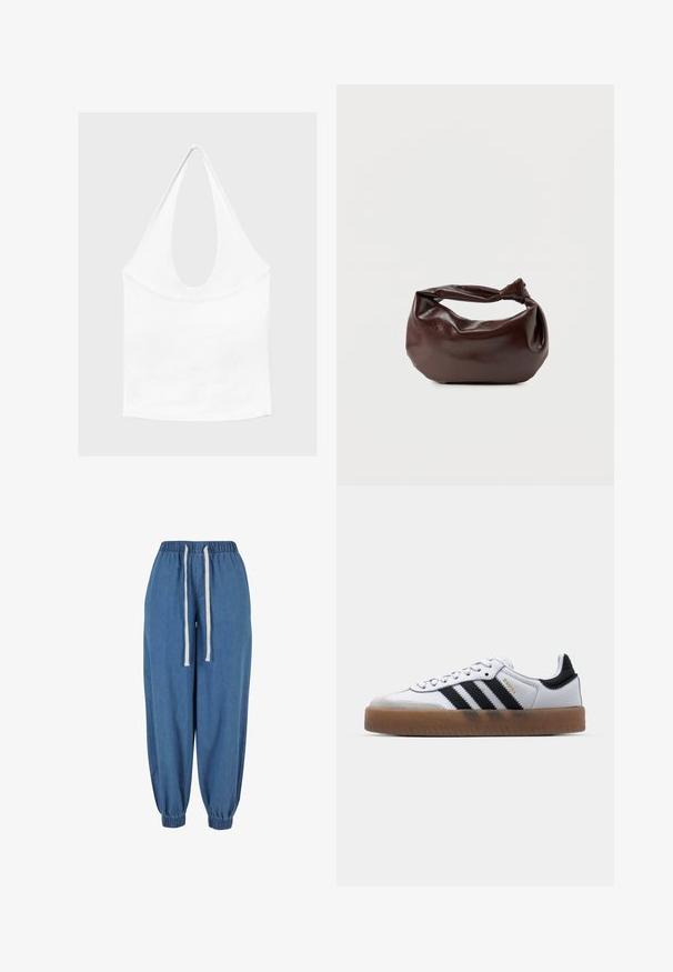 Haut blanc sans manches à encolure américaine, avec un profond col rond et une taille cintrée, présenté sur un fond clair et uni.; Pantalon de jogging en denim bleu avec taille élastique et poignets, avec des cordons blancs à la taille.; Baskets en cuir blanc avec des rayures noires, semelle extérieure en caoutchouc beige, bout rond, fermeture lacée et embout en suède gris doux.; Sac bandoulière en cuir marron foncé avec une forme souple et décontractée et une anse nouée torsadée sur un fond blanc uni.
