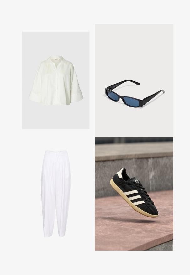 Camisa blanca holgada con mangas anchas de tres cuartos y cuello clásico, abotonada por delante.; Pantalones de lino blancos con una cintura alta, que presentan pliegues en la parte delantera y una silueta relajada, que se estrechan hacia el tobillo. Textura suave, sin patrones.; Zapatilla negra Adidas con rayas blancas y suela beige, capturada en el aire sobre una superficie de piedra y con fondo de muro de piedra.; Gafas de sol negras con una elegante montura rectangular y lentes azules. Presentan una textura suave y varillas resistentes. Logo de la marca en el costado.