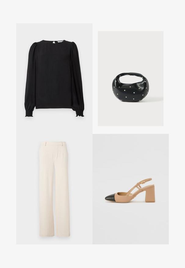 Sort bluse med lange, puffede ærmer. Har en rund halsudskæring, åbning i nakken og elastiske manchetter for et tætsiddende look. Glat tekstur.; Lyse beige brede bukser med frontfolder, en glat tekstur og sidelommer. Lavet af et blødt stof med en skræddersyet design.; Beige slingback sko med en sort spids tå, en firkantet høj hæl og to remdetaljer, fremstillet af et glat materiale.; Sort læderhåndtaske med en rundet form, dekoreret med sølvnitter, og et kort håndtag. Glat tekstur og lynlåslukning.