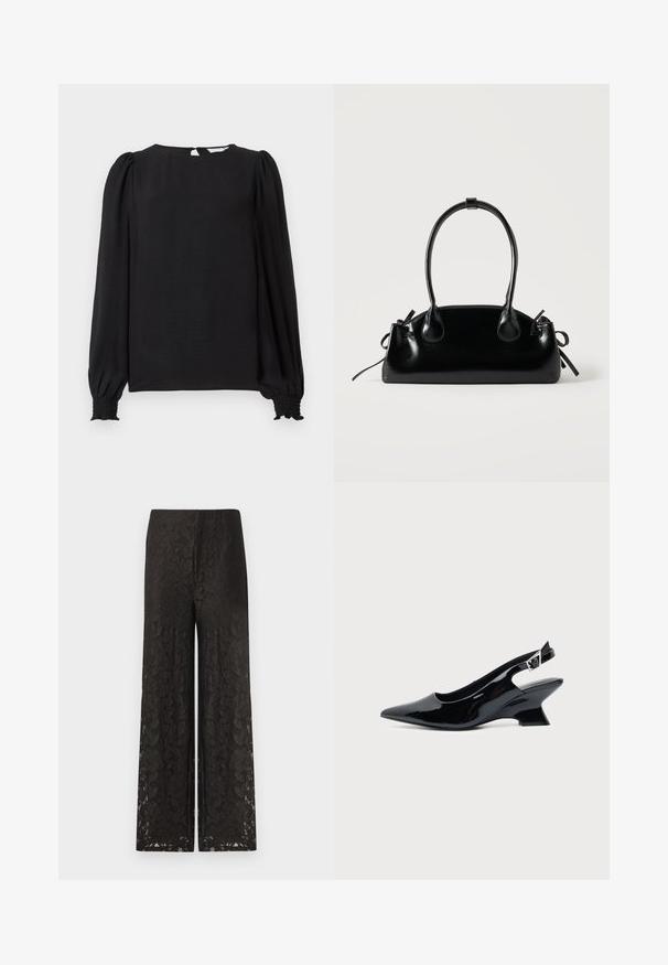 Sort bluse med lange, puffede ærmer. Har en rund halsudskæring, åbning i nakken og elastiske manchetter for et tætsiddende look. Glat tekstur.; Sorte blonde bukser med vid ben, der har et blomstermønster, struktureret overflade, høj talje og en løs pasform for komfort og stil.; Sort laklæder slingback sko med spids tå og lav vinklet blokhæl på ensartet lys baggrund.; Lille sort blank håndtaske med to lange håndtag og snøre-detaljer i siden på en ensfarvet lys baggrund.
