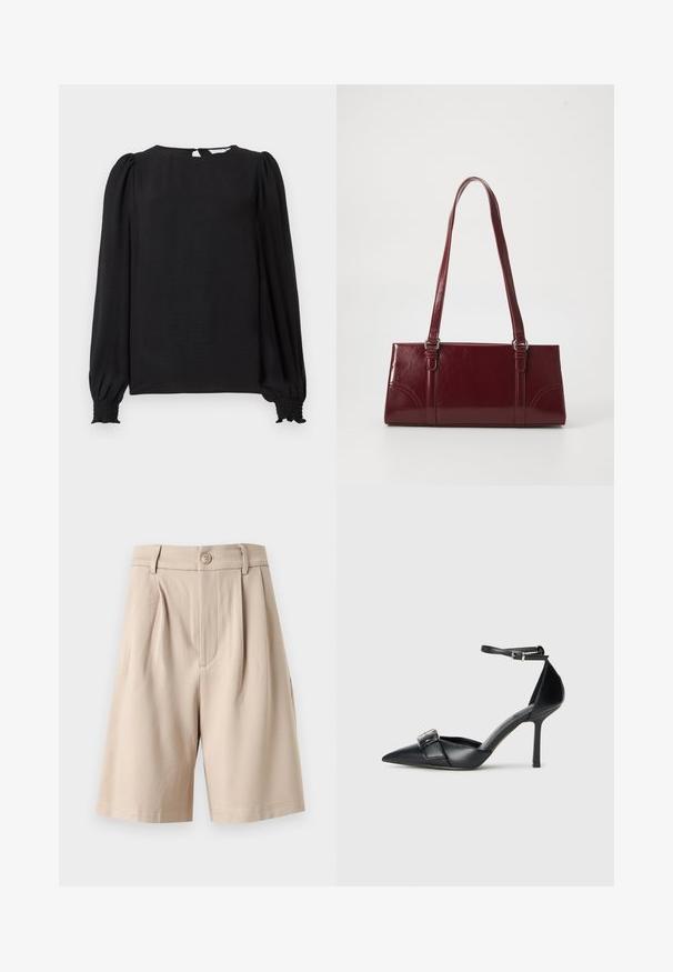 Blouse noire à manches longues bouffantes. Présente un col rond, une ouverture en forme de clé dans le dos et des poignets smockés pour un look ajusté. Texture lisse.; Shorts beige taille haute cintrés avec plis, passants pour ceinture, fermeture avant par bouton et ourlet à hauteur des genoux sur fond blanc.; Escarpin noir en cuir avec un bout pointu, une bride à la cheville et un accent de boucle en argent. Texture lisse avec une silhouette élégante.; Sac à main bordeaux en matériau brillant, de forme rectangulaire, avec deux anses et des accents légèrement courbés à l'avant.