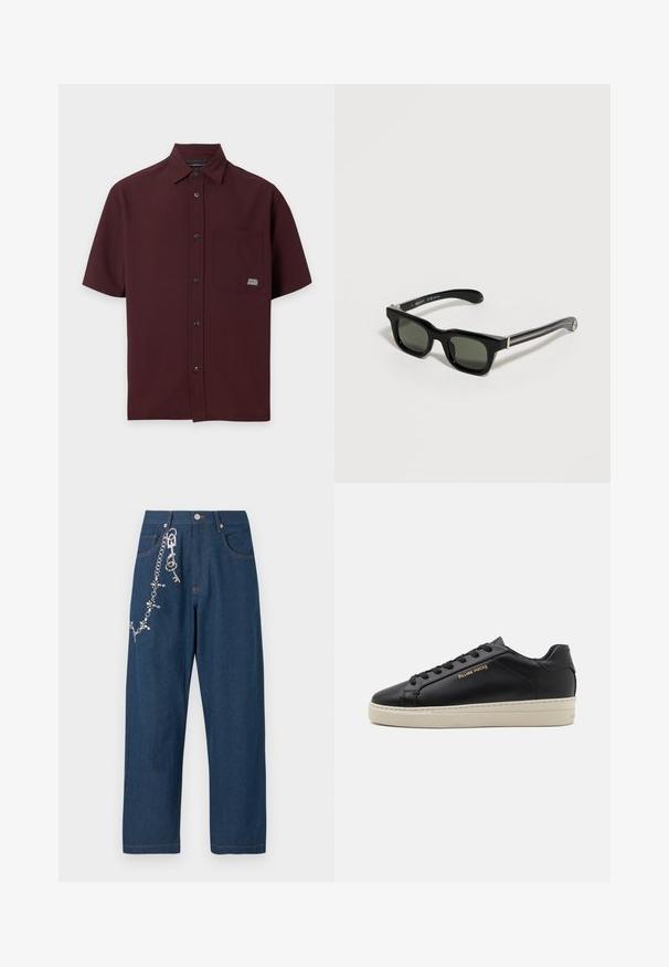 Bordeaux kleurig overhemd met korte mouwen, knopen, kraag en een borstzak met een klein rechthoekig label.; Donkerblauwe denim wide-leg jeans met een ketting met rhinestones aan de linkerkant, en zichtbare oranje stiksels op de zakken en de zoom.; Zwarte leren sneaker met een gladde afwerking, contrasterende crèmekleurige zool, ronde neus, gouden logo aan de zijkant en zes gaatjes voor veters.; Zwarte rechthoekige zonnebril met dikke monturen en donkere glazen, rustend op een lichte ondergrond.